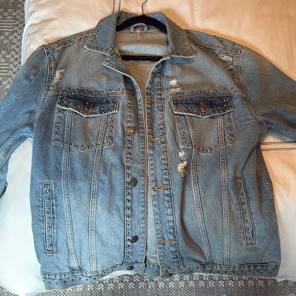 Free People Studded Denim Trucker Jacket (size large)